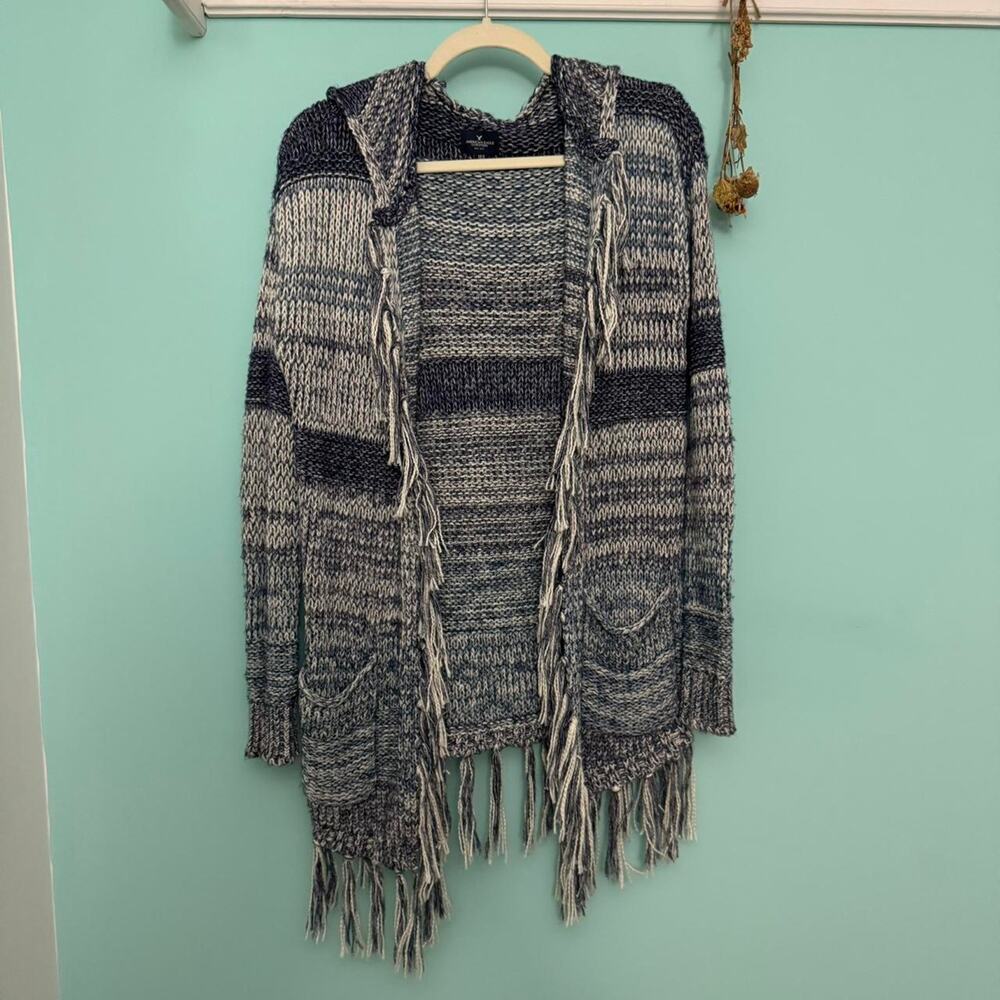 Blue & white boho chunky knit sweater